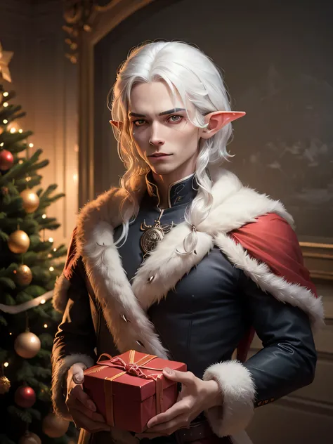 Drow elf with gray skin and red eyes, white colored hair, Christmas tree, Garland, presents, , minimal smile, hyper-detailing, clipart, album elements, historical takeover, Cinematic, Editorial, Highly detailed, bright colours, beautifully lit, professiona...