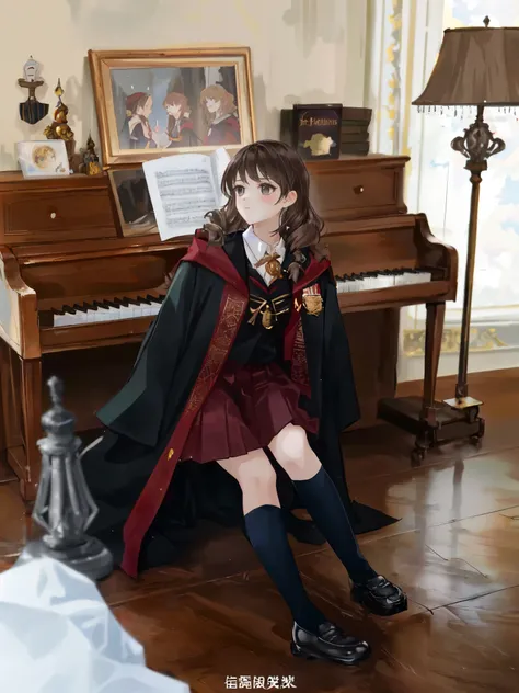 a woman in a harry potter costume sitting on a piano, magical school student uniform, magic school uniform, magic uniform university, wearing hogwarts!!! robes!!!, hogwarts style, gryffindor, hermione granger, harry potter style, high quality costume, insp...