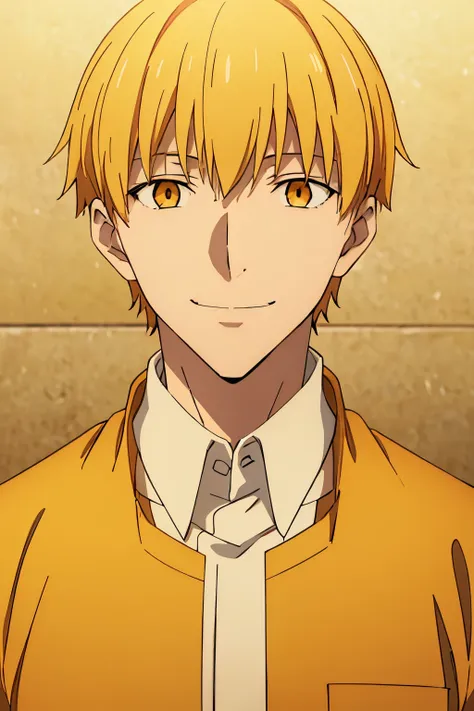 1male, yellow hair, orange eyes, short hair, messy bangs, portrait, yellow collar shirt, smile