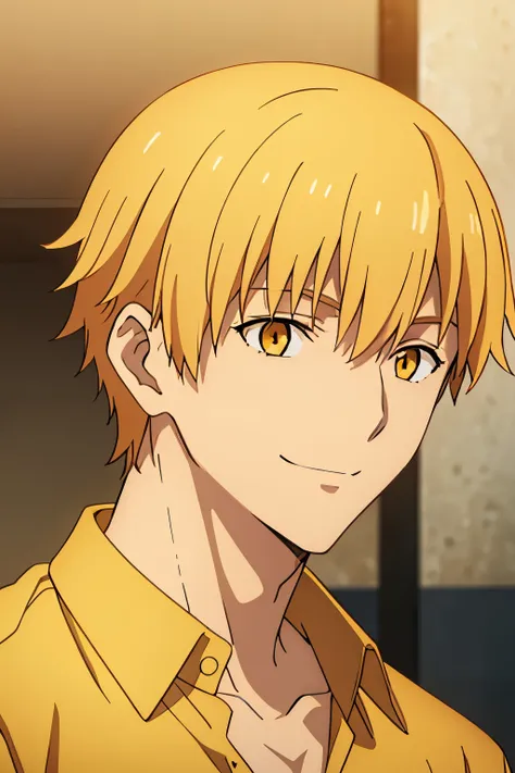 1male, yellow hair, orange eyes, short hair, messy bangs, portrait, yellow collar shirt, smile