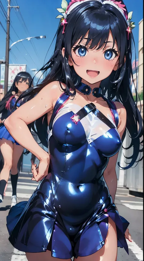 1womanl,Black hair,14years ,((Impatient expression)),Beautiful breasts,(((Sexy magical girl white and blue shiny bodysuit and microskirt)))(())(((Blushing cheeks、Smile with open mouth)),(((Satin Narico))),((( portlate))),we have blue eyelashes)))(Wet with ...