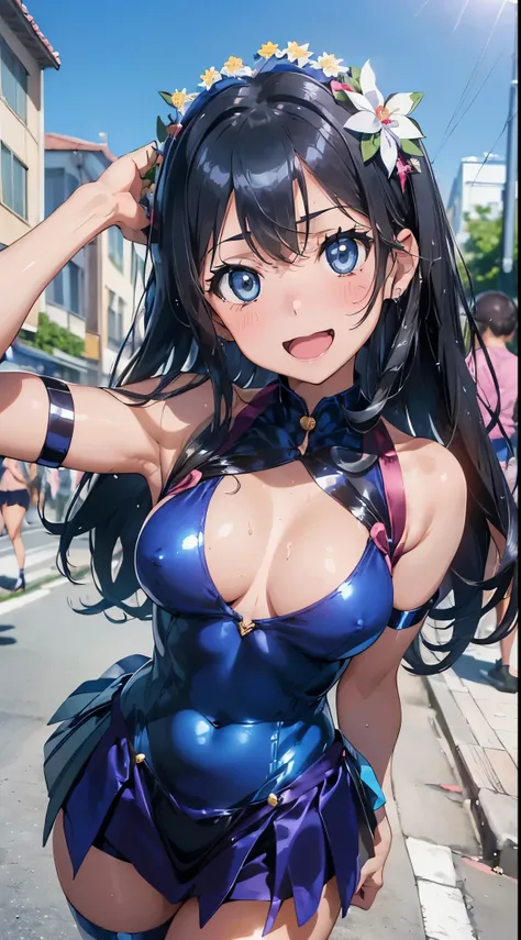 1womanl,Black hair,14years ,((Impatient expression)),Beautiful breasts,(((Sexy magical girl white and blue shiny bodysuit and microskirt)))(())(((Blushing cheeks、Smile with open mouth)),(((Satin Narico))),((( portlate))),we have blue eyelashes)))(Wet with ...