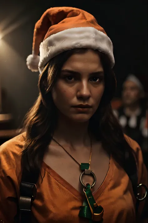 ((Santa Claus with handcuffs)), Photorealistic, (((dark courtroom))), (Christmas hat and orange prison suit))), Detailed skin, detailed body, pores, intricate detail, raw photo, lifelike rendering, immersive atmosphere, chiaroscuro, moody lighting,