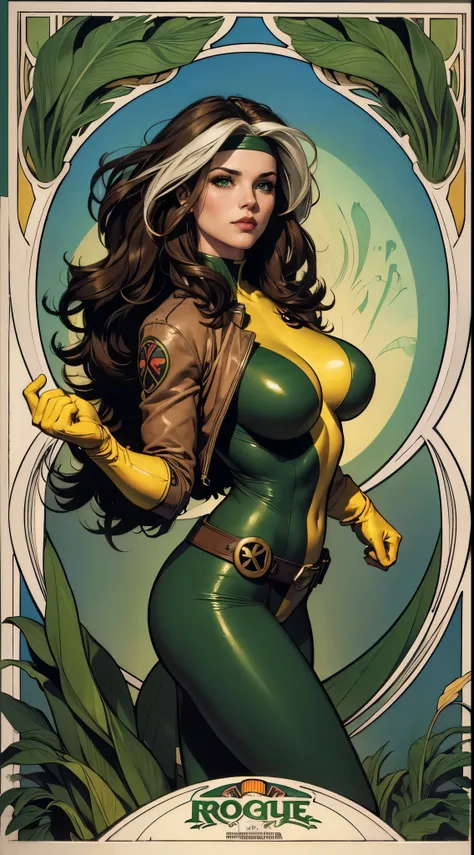 (masterpiece:1.0), (best_quality:1.2), classic rogue, 1991 rogue x-men, 1 girl, only 1, full body view, medium length hair, brow...