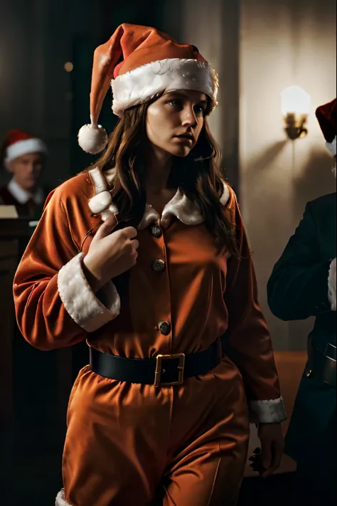 ((Santa Claus with handcuffs)), Photorealistic, (((dark courtroom))), (Christmas hat and orange prison suit))), Detailed skin, detailed body, pores, intricate detail, raw photo, lifelike rendering, immersive atmosphere, chiaroscuro, moody lighting, old man