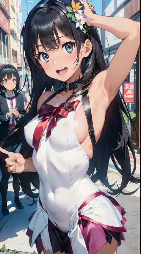 1womanl,Black hair,14years ,((Impatient expression)),Beautiful breasts,(((sexy magical girl,white shiny bodysuit and microskirt)))(())(((Blushing cheeks、Smile with open mouth)),(((Satin Narico))),((( portlate))),Blue eyes)))(white  hair)Street,Crowds(magic...