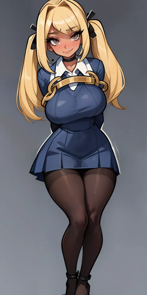 blonde, darkskin, gyaru, sly smile, huge breasts, school clothes, school uniform, bangs over eyes, masterpiece,best quality,1gir...