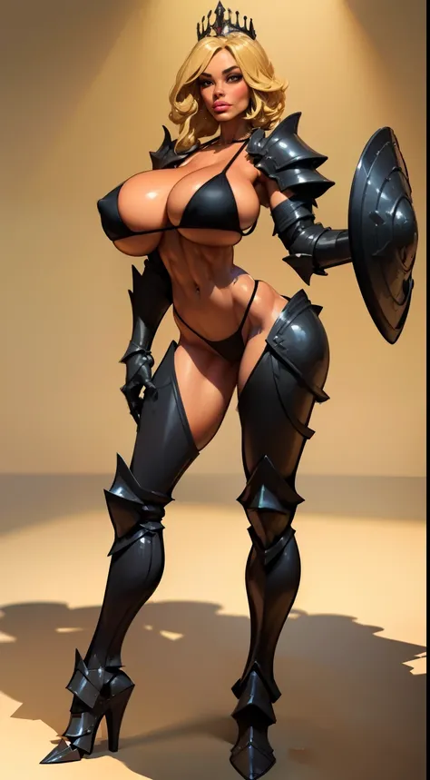 woman, pixiecut, blondehair, ((black skin:1.4)), adorned in medieval armor, twerking, metal muscles, emanating a medieval elegance and marvel, armor pump boots, chrome bra, chrome silver tiara, small armband, (shoulder armor), gauntlets, ((armored bikini:1...