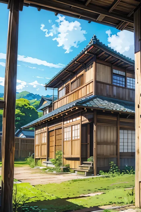 low angles、wide-angle lens、old japan house、traditional wooden house in the countryside、country、wide blue sky、anime background