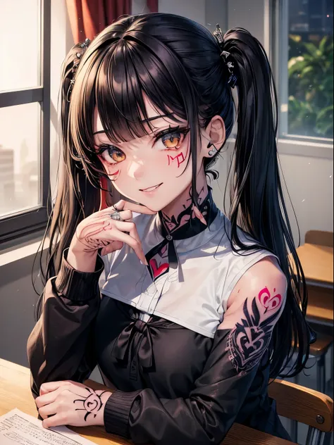 (masterpiece, best quality:1.2, perfect hands, parfect fingers, parfect face, high resolution, ultra detail, 4k,), cinematic lighting, 
1 girl, kawaii, face focus,
black hair, blunt bangs, twintails, 
naughty face, crazy smile, looking up, looking right,
p...