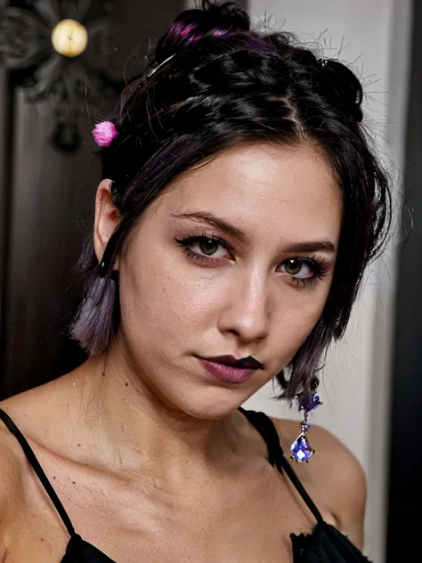 (full entire body) Foto einer deutschen Frau Goth_Punk, Alter: 20 Jahre alt, bauen: kurvig, Gesicht: symmetrical and beautiful and puffy cheeks, Frisur: schwarz, purple highlights and short bob, Hintergrund: Szene, (High quality, 8K, Meisterwerk, Highly de...