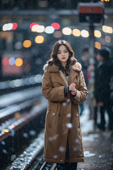 1womanl、Early 20s、(Strong-willed super beauty)、(ultra beautiful faces)、(A detailed face)、Wearing makeup、Wavy brown hair、christmas snowy night、Standing on the platform of a metropolitan station、Background is a stationary train、Shallow depth of field