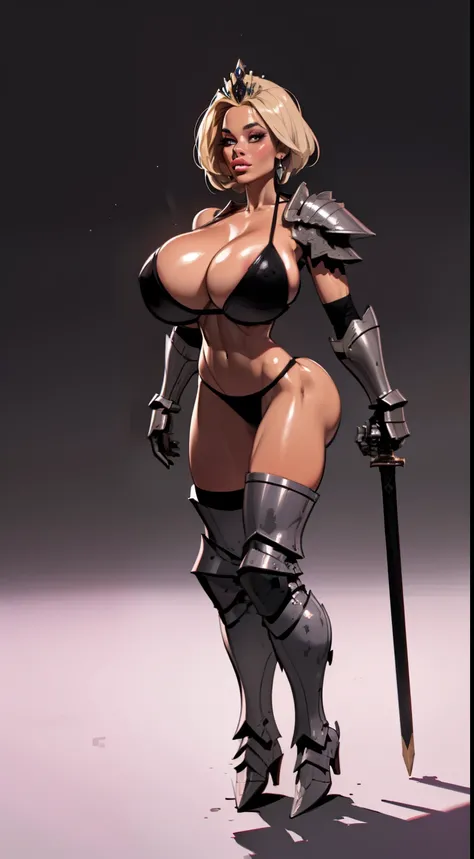 woman, pixiecut, blondehair, ((black skin:1.4)), adorned in medieval armor, twerking, metal muscles, emanating a medieval elegance and marvel, armor pump boots, chrome bra, chrome silver tiara, small armband, (shoulder armor), gauntlets, ((armored bikini:1...