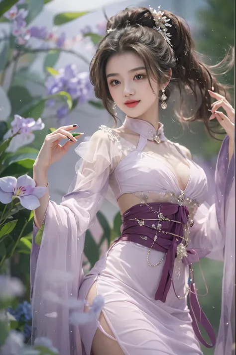 dress, ((cowboy shot)), Redlip, A mature woman, cosmetics, フォトリアリスティック、real photograph、((realistically:1.5))、There are white phalaenopsis around the hair,Lilac dendrobium、white lilies、1 rapariga、Brown hair、floated hair、A plump chest, slim toned body, Charm...