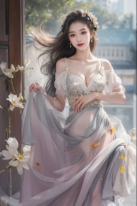 Sweet girl clothes10,korean dress, ((cowboy shot)), Redlip, A mature woman, cosmetics, フォトリアリスティック、real photograph、((realistically:1.5))、There are white phalaenopsis around the hair,Lilac dendrobium、white lilies、1 rapariga、Brown hair、floated hair、A plump c...