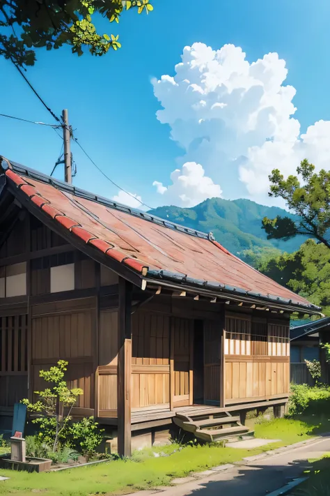 low angles、wide-angle lens、old japan house、old wooden house、country、wide blue sky、anime background