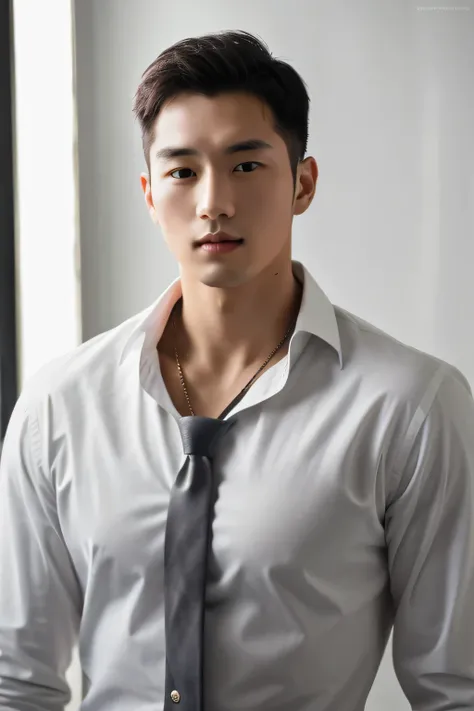 korean man, a 25-year-old muscular man, wears a long-sleeved white shirt and tie, bodice, soft lighting, masterpiece, best quali...