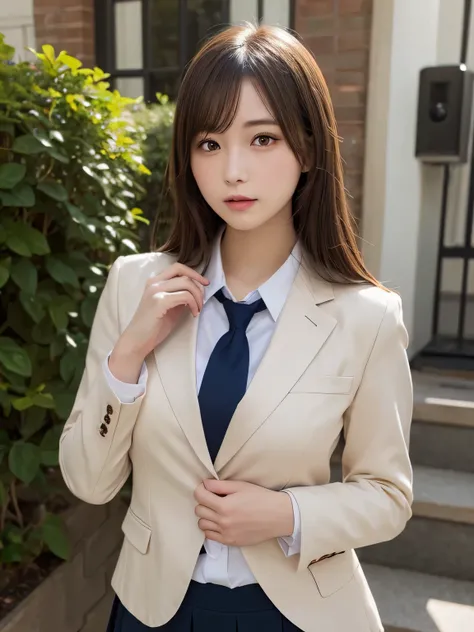 masutepiece, Best Quality, Illustration, Ultra-detailed, finely detail, hight resolution, 8K Wallpaper, Perfect dynamic composition, Beautiful detailed eyes, Natural Lip,Blazer ,School uniform, Big breasts, Full body,You can see the chest