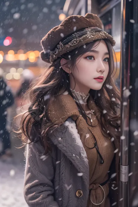 1womanl、Early 20s、(Strong-willed super beauty)、(ultra beautiful faces)、(A detailed face)、Wearing makeup、Wavy brown hair、christmas snowy night、Standing on the platform of a metropolitan station、Background is a stationary train、Shallow depth of field