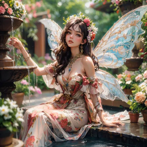 araffe fairy with large breast and wings and flowers in a garden, beautiful  fairy, beautiful fairy, beautiful fantasy maiden, beautiful  book fairy, beautiful fairies, beautiful fantasy art, brunette fairy woman, beautiful fairie, beautiful maiden, beauti...