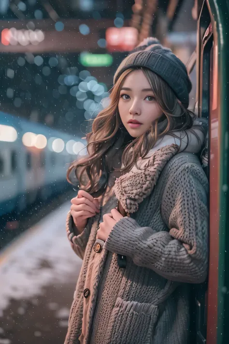 1womanl、Early 20s、(Strong-willed super beauty)、(ultra beautiful faces)、(A detailed face)、Wearing makeup、Wavy brown hair、christmas snowy night、Standing on the platform of a metropolitan station、Background is a stationary train、Shallow depth of field