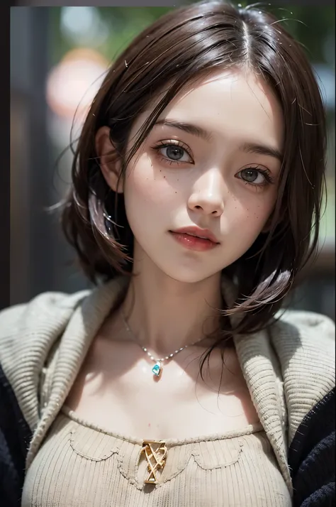 Best quality at best, 超k hd, (realisticlying:1.4),Sunset sun, 1个Giant Breast Girl, (Realistic face), freckle ,(brunette color hair, short detailed hair: 1.ony tails, realisticlying的眼睛, (realisticlying的皮肤), (Sweaters), detailed photograph, Smiling, sexy for...