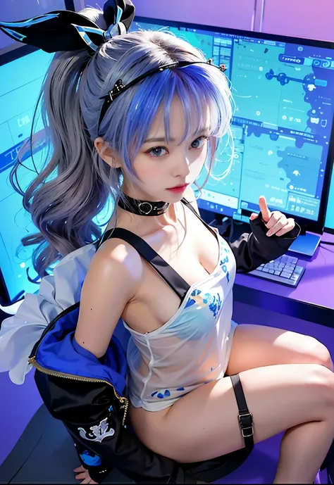 坐在电脑前拿着剑Anime girls, Anime girls, online school girls, azur lane style, fleet style, an oppai cyberpunk, (SFW) work insurance, nightcore, Translucent fluid flowing from the《Azure route》videogame, Translucent fluid flowing from the the maiden front, Translu...