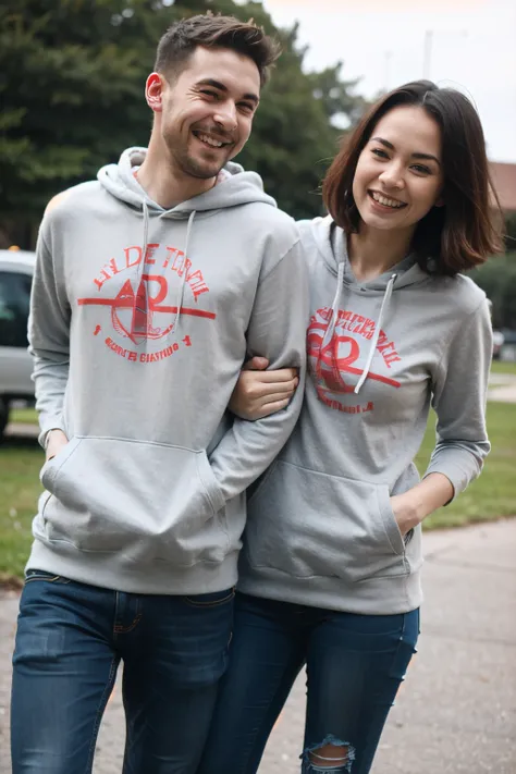 ((best quality)), ((masterpiece)), (detailed), perfect face, girl use hoddie with logo "w" and jeans, smile and laugh with boy, couple