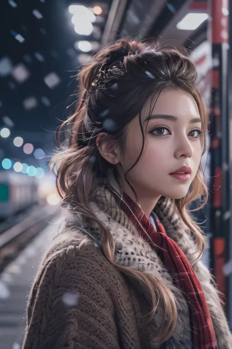 1womanl、Early 20s、(Strong-willed super beautiful woman)、(ultra beautiful faces)、(A detailed face)、Wearing makeup、Wavy brown hair、christmas snowy night、Standing on the platform of a metropolitan station、Background is a stationary train、Shallow depth of fiel...