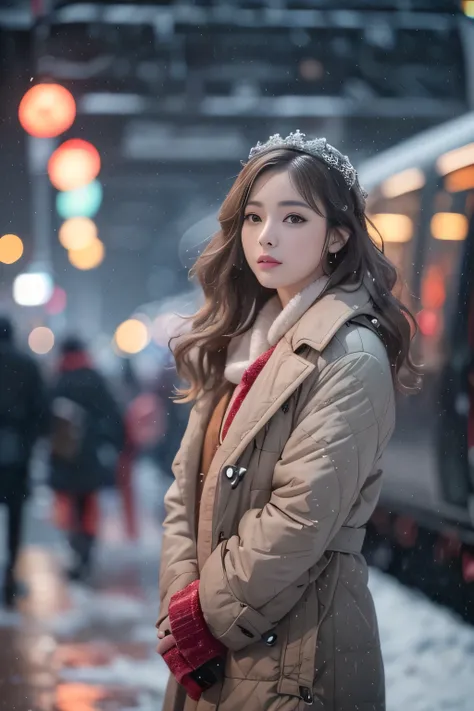 1womanl、Early 20s、(Strong-willed super beautiful woman)、(ultra beautiful faces)、(A detailed face)、Wearing makeup、Wavy brown hair、christmas snowy night、Standing on the platform of a metropolitan station、Background is a stationary train、Shallow depth of fiel...