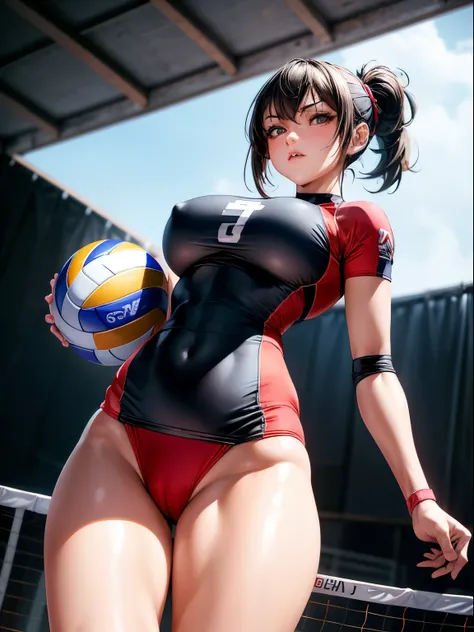 (Best Quality, masutepiece),ultra detailed photographic,1girl in, female volleyball player ,Large breasts,nice legs,ahot a ball,At the volleyball venue,Detailed beautiful face,Beautiful eyes,detailed hairs,detailed  clothes,Detailed realistic skin,Cool,Dyn...