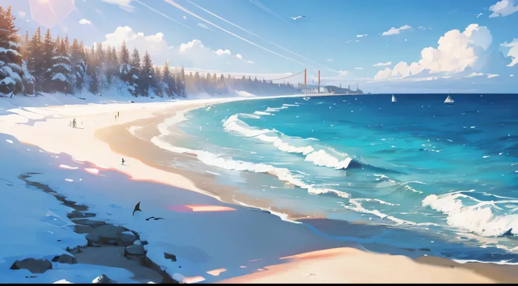 High quality，winter day，rays of sunshine，sea beach，sandbeach，the sea，seagulls，snow cover