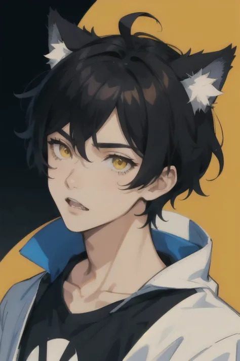 A boy with black hair and yellow eyes with wolf ears and wolf teeth male wearing t-shirt.