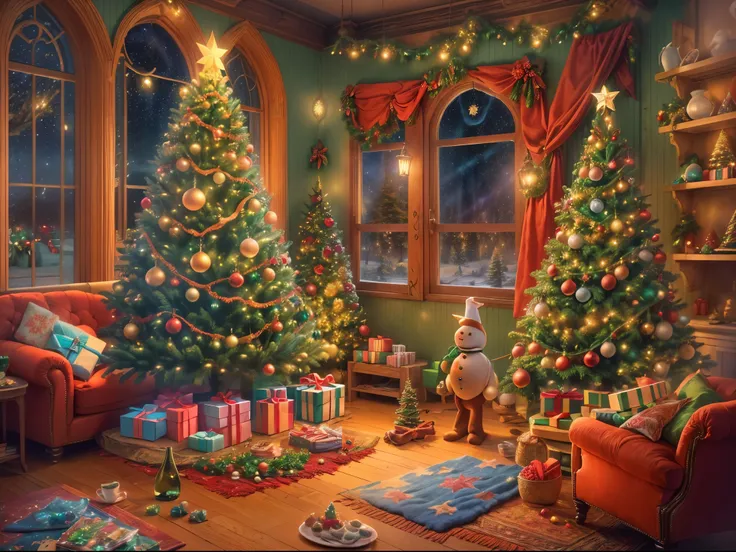 (Masterpiece: 1.2), (Long shot: 1.8), Vibrant colors, magical atmosphere, whimsical, ((starry sky with North Star shining)), (European style interior house, Christmas decorations, fireplace with residual warmth , colored lights hanging on the stairs, gifts...