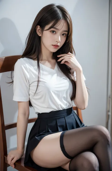 The face is :9,1714884241], Serapuk girl holding skirt in hand, Sailor outfit、Raw foto、Wearing black pantyhose、wearing little white panties、Upskirt, 초a realistic schoolgirl, a realistic schoolgirl, Beautiful girl sitting on a chair, 초a realistic schoolgirl...