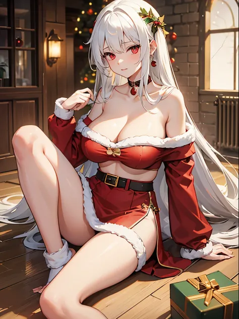 Female, White Hair, Big Boobs, Long Hair, Red Eyes, Wearing Christmas Costume, Collarbone, No Pants or Skirt, Christmas Shoe, Sitting on the floor, Inside a building, Christmas Tree in the background,