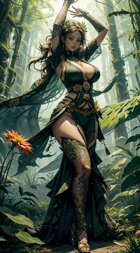 1 with forest sexy clothes, flowers, leaves, mandalas, fractal, woman, huge breasts, wide hips, tall, sexy legs, voluptous, legs slightly apart, arms up, gloves