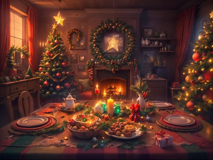 (Masterpiece: 1.2), (Long shot: 1.8), Vibrant colors, magical atmosphere, whimsical, ((starry sky with North Star shining)), (European style interior house, Christmas decorations, fireplace with residual warmth , colored lights hanging on the stairs, gifts...