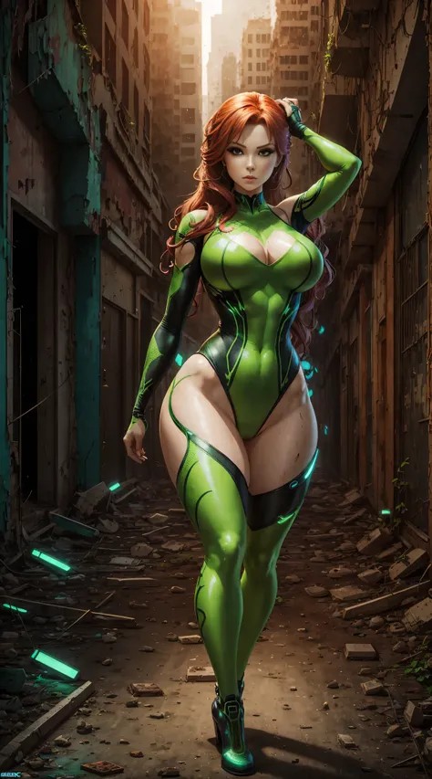 Poison Ivy, wide hip, full body, graceful curves, cybernetic leotard, extreme beauty, in abandoned city