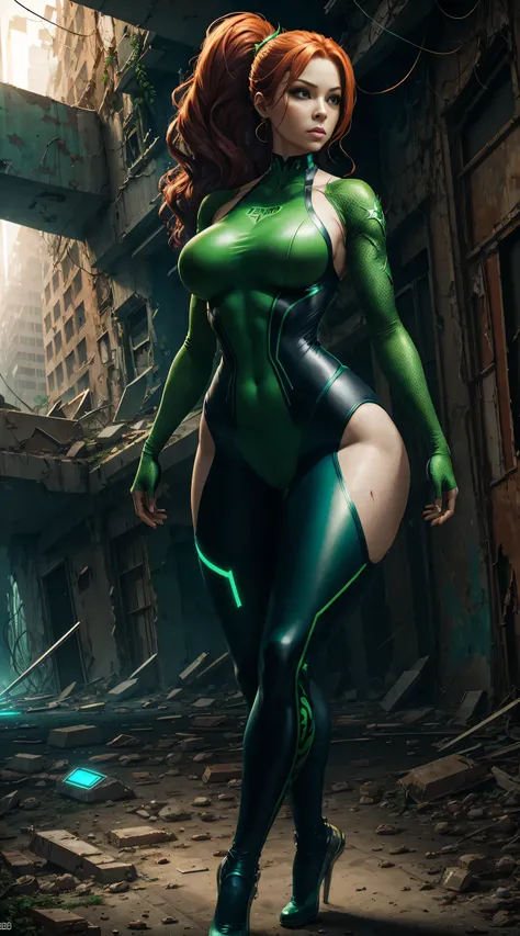 Poison Ivy, wide hip, full body, graceful curves, cybernetic leotard, extreme beauty, in abandoned city