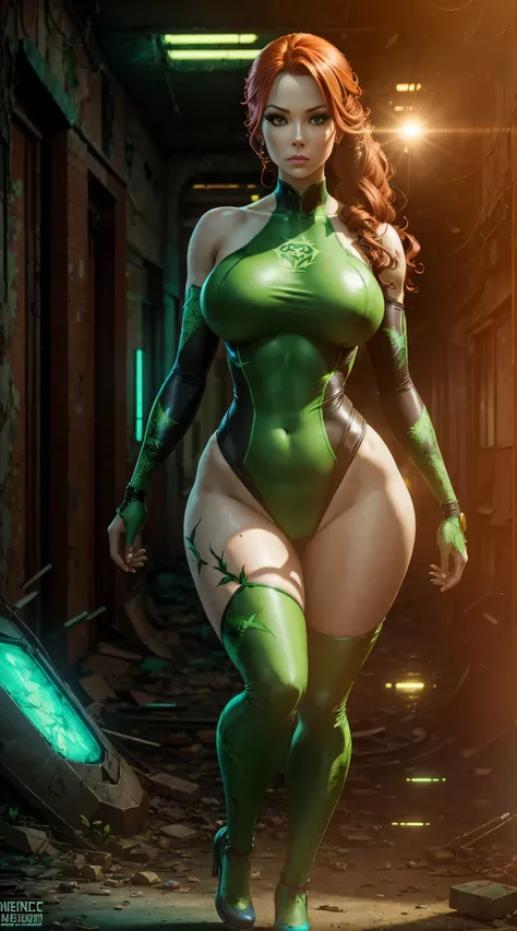 Poison Ivy, wide hip, full body, graceful curves, cybernetic leotard, extreme beauty, in abandoned city