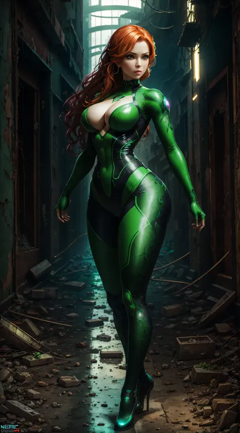 Poison Ivy, wide hip, full body, graceful curves, cybernetic leotard, extreme beauty, in abandoned city