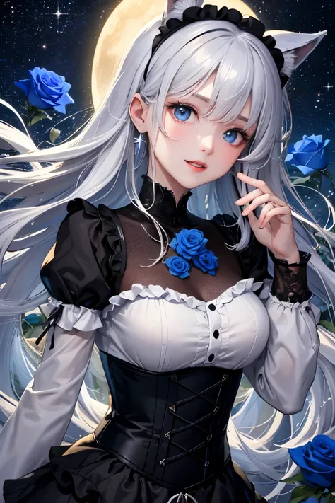 natta、a moon、Many Stars、many blue roses、femele、de pele branca、length hair、Wavy hair、blue eyess、Looking down on viewers、Mocking look、Thin laughter、Black dress、Lots of frills、Braided corset、bell sleeve blouse、Black plumage