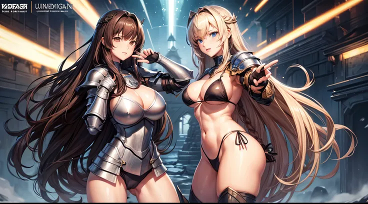 fighting female knight、bikini-armor、fighting poses、s ass、thighs thighs thighs thighs、huge tit、Brown hair、ultra-detailliert、The long-haired、full bodyesbian、,(masutepiece、Highest Quality)
、