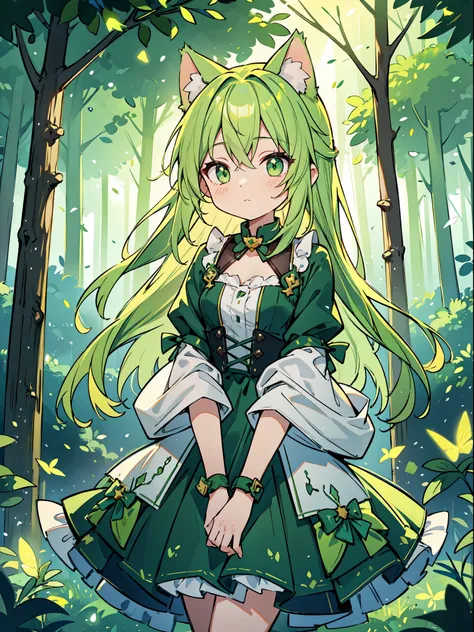 green background, green light, night forest, light streak, 1girl, cat ears, firefly,