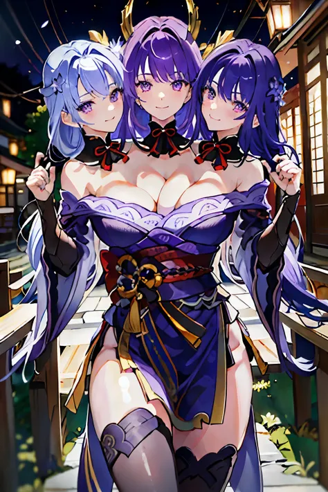 (masterpiece, best quality), best resolution, (3heads:1.5), 1girl, raiden shogun, purple hair, identical hair color, same eye co...