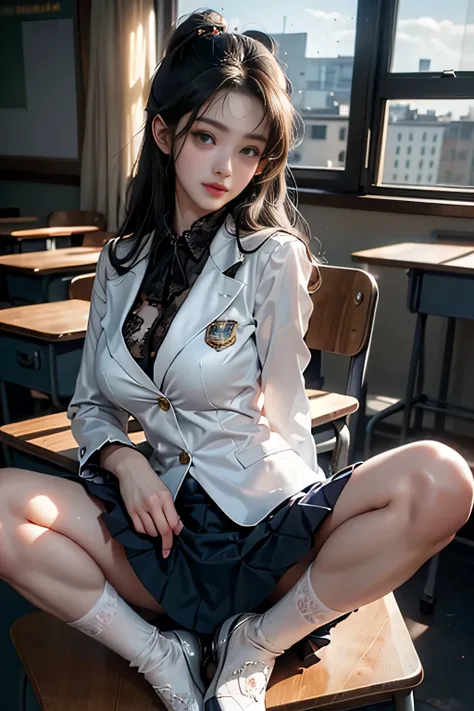 (( Female student sitting at desk with legs apart in classroom))，Charming eyes，Heartwarming action，Turn your face away from the camera，stooped，Bend over，turn back，Look up at your head，thick and long black hair，Highly detailed body，Highly detailed face，best...