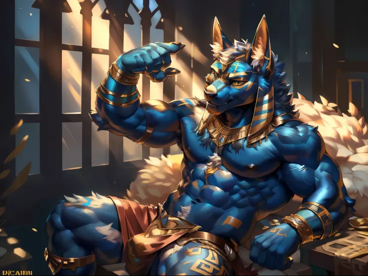 ((realistic)), upload on e621, by Garmash,Ruan Jia, darkgem, anthro, male, ((( detailed fluffy fur))), ((sitting)), detailed realistic painting, (((biceped))), (((shaded))) extreme detail, ((anubis)), loincloth