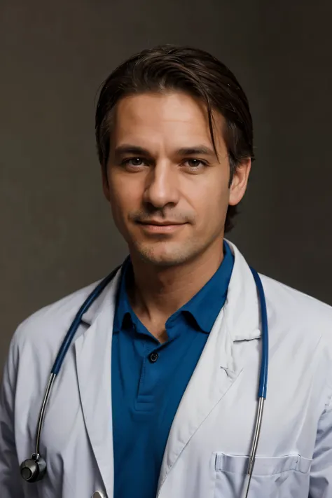 A European and American middle-aged male doctor，frontal photos，Half a body，ssmile，There is a background