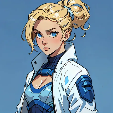 (blonde teenager), 18 years old, blue eyes, (short golden hair), (hair tied back), small breasts. She wears a white sci-fi suit with blue jacket, she wears cleavage on her blous, (simple background)